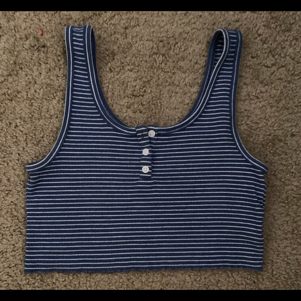 Blue and white ribbed crop top on the top front